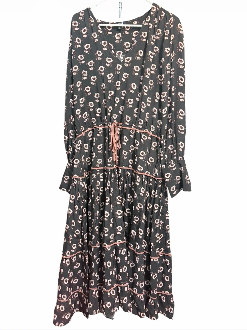 PAIGE Christine Long Sleeve Midi Dress Large Black Floral Boho Tiered Tie Waist